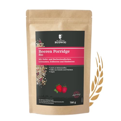Dr. Budwig Bio Beeren Porridge ohne Zucker (700g) - vegan - glutenfrei - ballaststoffreich - Protein Müsli mit getrockneten Himbeeren - gesundes Frühstück - Bio Haferflocken, Leinsamen, Buchweizen