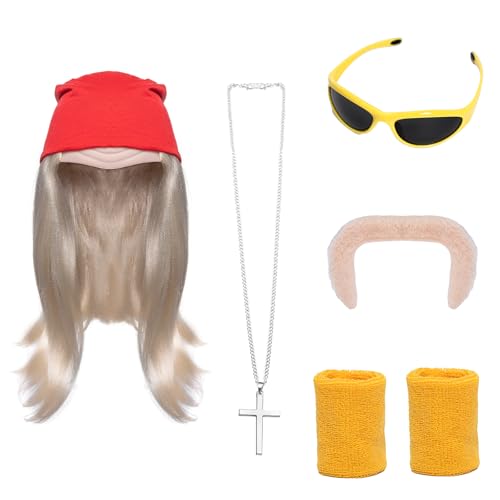 FVCENT Wrestling Costume set Blonde Wig Fake Beard Bandana Headscarf Hat silver Cross Necklace Wristband Halloween Cosplay