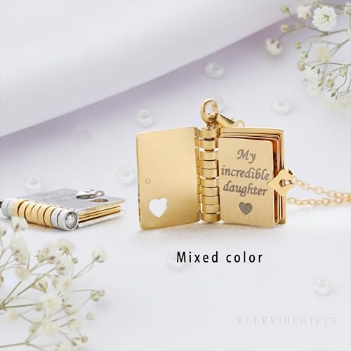 Image of Personalized Story Book Pendant Necklace, Stainless Steel Customizable Locket with Chain, Heart Charm Design, 18.5mm BookPendant, 45cm Chain Length, Gift for Women and Girls