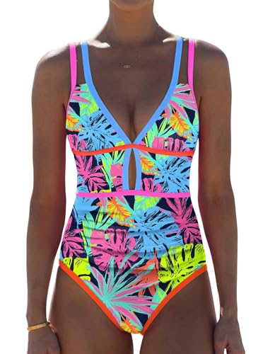 Image of popvil Women One Piece Swimsuit 2026 Tummy Control Sexy Cutout Neon Color Block Bathing Suit Slimming Adjustable Swimwear