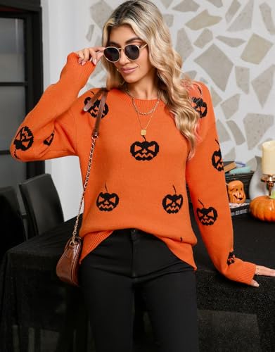 Image of Alsol Lamesa Women's Fall Pullover Sweaters Cute Hearts Long Sleeve Crewneck Casual Knitted Sweaters, Large, 961 Orange