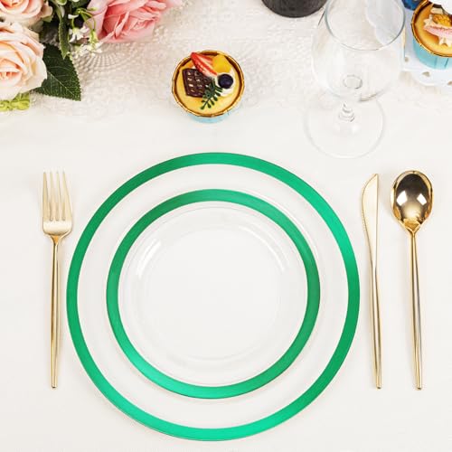 U-QE 200PCS Clear Green Plastic Plates - Green Plates Disposable Heavy Duty- Include 100 10” Dinner and 100 7” Dessert Platos, Perfect for Party, Wedding