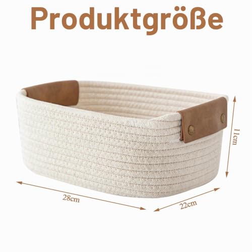 STARVAST 3 Stueck Baumwollseil Aufbewahrungskorb, weisser geflochtener Korb 28 x 22 x 11 cm mit braunem Ledergriff, kleiner Korb zur Aufbewahrung fuer Regal, Tisch und Kommode – Bild 2