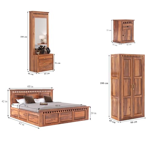 Image of SONA ART & CRAFTS Kuber Solid Sheesham Wood Bedroom Set | Queen Size Bed with Box Storage, Wardrobe, Dressing Table & Two Bedside Tables - Natural Finish (Assembly Included)