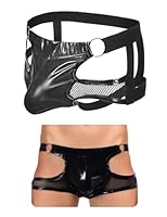 comeondear Sexy Boxershorts Herren mit Öffnung Lack Boxer Wetlook Shorts Jockstrap Männer Sissy Dessous Große Größen Lackleder Unterwäsche Hinten Offen Slip mit Beutel Gay Underwear Man Schwarz,L