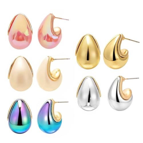 Fashion Forward Chunky Stud Earrings, 5Sets woman jewelry sets, earings set, water drop earings in Gold , Pink , Blue , Silver , beige.large tear drop earrings for women,Modern Statement Jewelry for Women, Packaged in a gift box