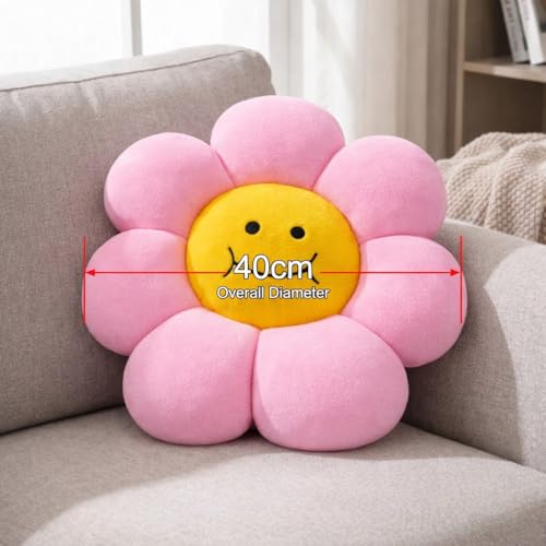 Image of AVSHUB Smiley Flower Cushion 40 cm | Soft Plush Pillow for Sofa Bed Decor | Cute Round Floral Shape Throw Cushion for Kids Room Living Room Gift Item (Pink)