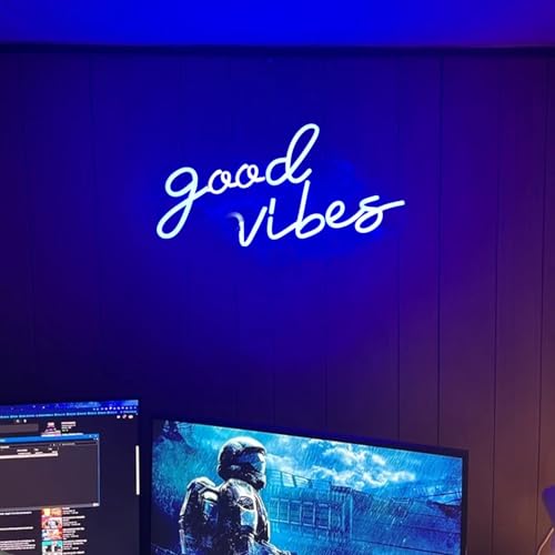 Image of Large Blue Neon Good Vibes Signs LED Dimmable USB Powered Cood Vibes Banner Decorative Night Lights Neon Lamps for Bedroom Living Room Apartment Bar Wedding Party Wall Background Decor Art, 16.5x8IN