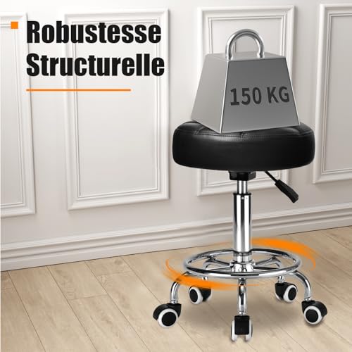 Tabouret roulettes robuste avec assise rembourrée et socle métal