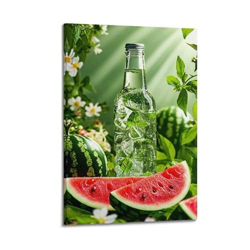 Poster sur toile pastèque et soda déco murale chambre 30x45cm tableau plantes vertes claires