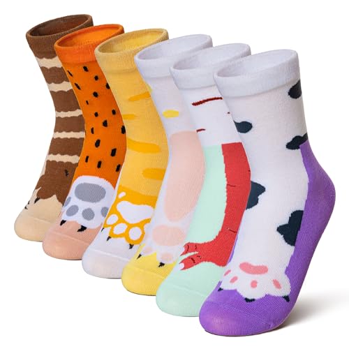 Velice Kids Girls Boys Cotton Crew Socks Funny Crazy Novelty Cartoon Cute Silly Dress Socks 6 Pairs(Animal Claw 5-8 Years)