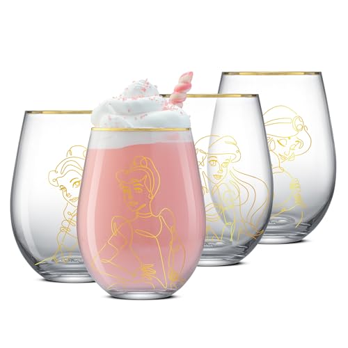 Image of JoyJolt Disney Princess Sketch Stemless Drinking Glasses, 19oz Glass Cups ft Princess Jasmine Ariel Belle Cinderella, Disney Princess Kitchen Glassware Set of 4, Disney Gifts for Adults