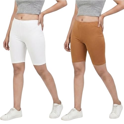 Image of Women's Cotton Lycra Cycling Shorts | 95% Cotton 5% Spandex | Stretchable Knee Length Tights for Gym, Yoga & Sports
