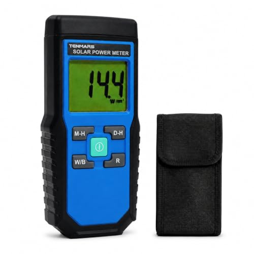 Solar Power Meter, 2000 W/m² Range Handheld Solar Irradiance Meter with Dual Units, MAX/MIN Tracking, Data Hold, Manual Zeroing, Digital Sun Meter for Solar Panel Evaluation and Site Testing