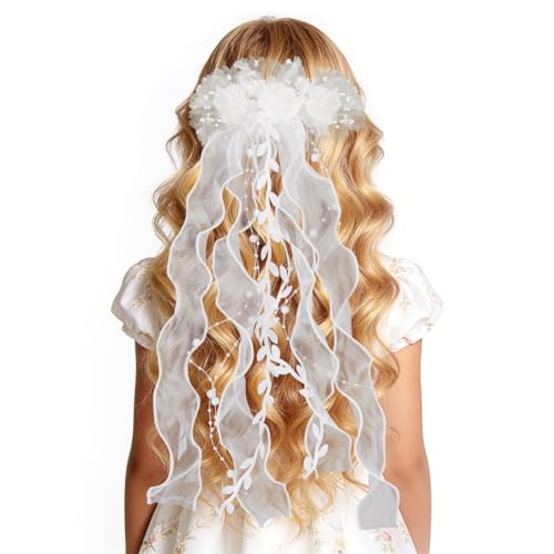 Haarschmuck Kommunion Mädchen, Erstkommunion Haarkamm Taufe Kopfschmuck mit Weiß Blüten Perlen Organza Bänder, für Kommunion Hochzeit Blumenmädchen
