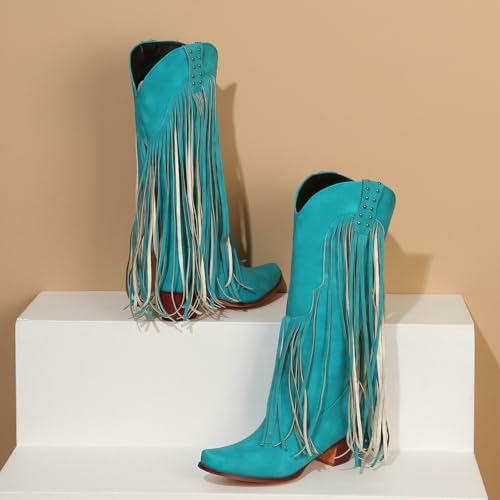 Image of KiutSymo Mid Calf Fringe Boots For Women Cowboy Pointed Toe Chunky Heels Cowgirl Western Tassel Boots