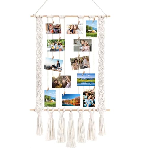 YUDAWN Fotos Aufhängen, Holz Fotowand mit 30 klammern Makramee Wandbehang Hängende Fotohalter Fotovorhang Boho Deko für Wohnkultur Schlafzimmer Hochzeitsfeier