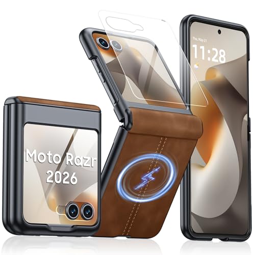 Image of Magnetic for Motorola Razr 2026 Case with Hinge Protection & Built-in Outer Screen Protector, Fit for Magsafe, Ultra-Thin PU Leather Matte PC Shockproof Cover for Moto Razr 2026-Brown