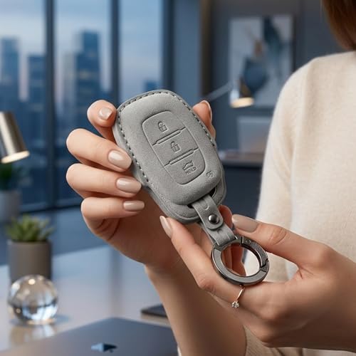 Image of KMH Alcantara Car Key Cover Compatible Hyundai Grand i10 NIOS Asta | Venue | i20 | Aura | Creta | Elantra 3 Button Shell Case Holder Key Protector Smart Keycover with Keychain (D1) Grey - Pack of 2