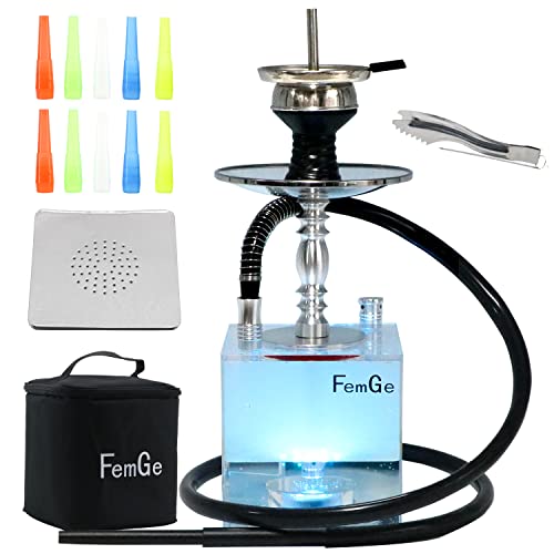 FemGe Hookah Shisha Set with Everything Acrylic Cube Hookah Shisha Handbag with Silicone Hose Ceramic Bowl Hooka Aluminum Pipe Charcoal Tongs Set Led Light with Remote Make Smoking Feel Better