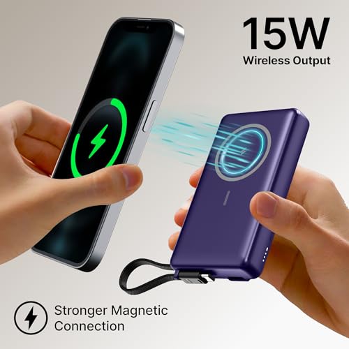 Image of pTron Dynamo Dash Magnetic Wireless 10000mAh Fast Charging Slim Power Bank, MagSafe, 22.5W Output, Compatible w /iPhone 12 /13 /14 /15 /16, Android & Other Qi Enabled Devices, Type-C Input (Purple)