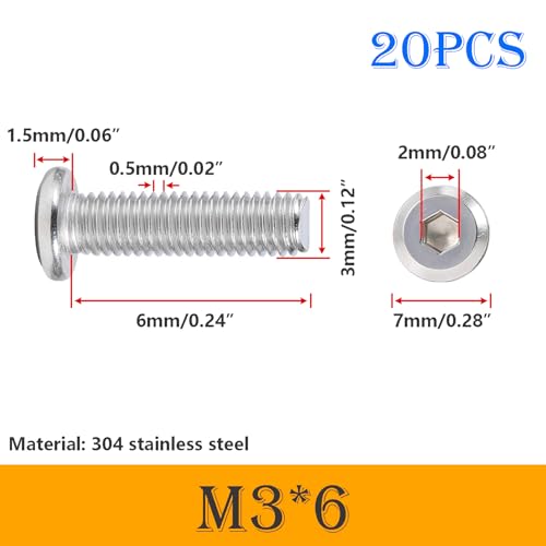 Ctyjia 20 Stück Innensechskantschrauben, M3 x 6mm Flachkopfschrauben Innensechskant, 304 Edelstahlschrauben Vollgewinde, Möbelverbinderschrauben