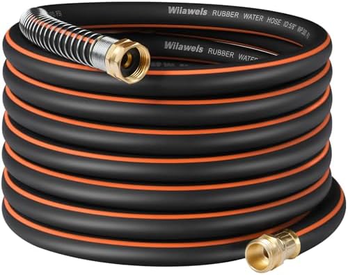 50FT x 5/8" Rubber Rubber Garden Hose, Heavy Duty Garden Water Hose, 300 PSI Working, 1000 PSI Burst, Swivel Handle with Stainless Steel Ring, 5-Layer Braided, All-Weather Outdoor Use