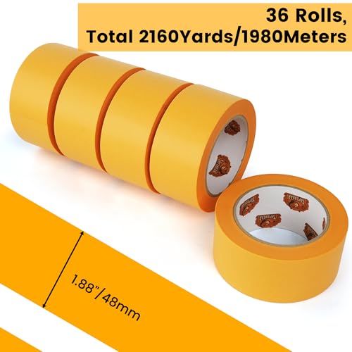 Image of TAPEBEAR 36Rolls Delicate Surface Advanced Masking Tape 1.88 inch x 60Yard, Low Tack Orange Washi Tape Indoor Painters Tape Decorating with No Paint Bleed, Sharp Lines, Surface Damage-Free