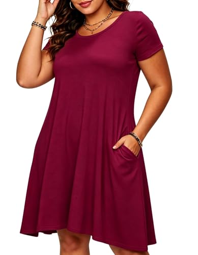 Image of Afibi Womens Short Sleeve Loose Pockets Dress Casual Swing T-Shirt Dresses
