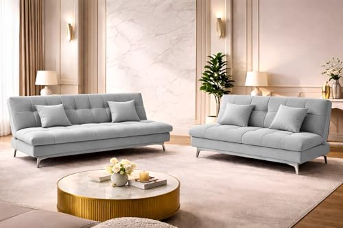 Image of Krancy Solid Wood 3 + 2 Seater Sofa Cum Bed with 2 Cushions | Convertible Wooden Couch for Living Room, Home & Office | Modern Designer Furniture | 3 Years Warranty | Grey