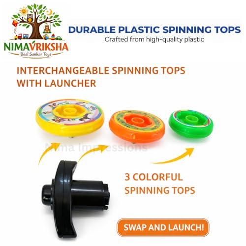 Image of Plastic Spinning Top with Launcher Set of 3 | Plastic Lattu Toy for Kids 2+ Years | Spinning top Toy with Launcher Set.