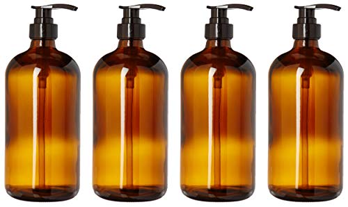 32 Ounce Large Amber Glass Boston Round Bottles with Black Pumps. Great for Lotions, Laundry Soaps, Oils, Sauces and Detergent - Food Safe and Medical Grade - by kitchentoolz (4 Bottles)
