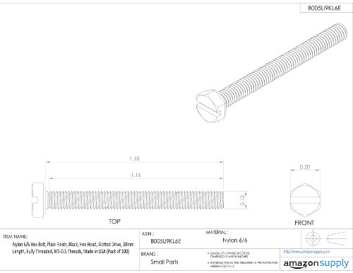Image of Nylon 6 /6 Hex Bolt, Plain Finish, Off-White, Hex Head, Slotted Drive, 42mm Length, Fully Threaded, M3.5-0.6 Metric Coarse Threads, Made in US (Pack of 100)