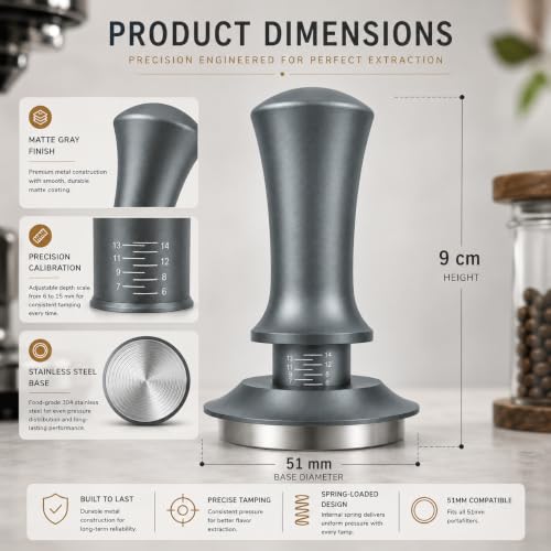 Image of Street27 51MM Coffee Tamper with Calibrated Spring Loaded Handle | Stainless Steel Espresso Tamper Flat Base for Espresso Machine Portafilter Coffee Accessories (Grey)