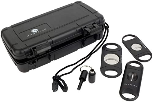 Mantello Travel Cigar Humidor Case - Cigar Case With 2 Ring, V-Cut & Punch Cutters - Waterproof & Airtight - Holds 5 Cigars- 5-Piece Cigar Accessories Cigar Gifts For Men #TOP2