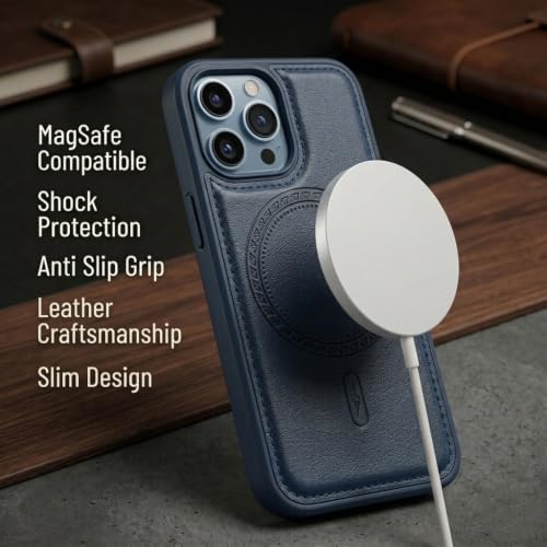 Image of amazon basics Premium PU Leather Case for iPhone 13 Pro, MagSafe Compatible Magnetic Ring, Sleek Protective Back Cover - [Blue]