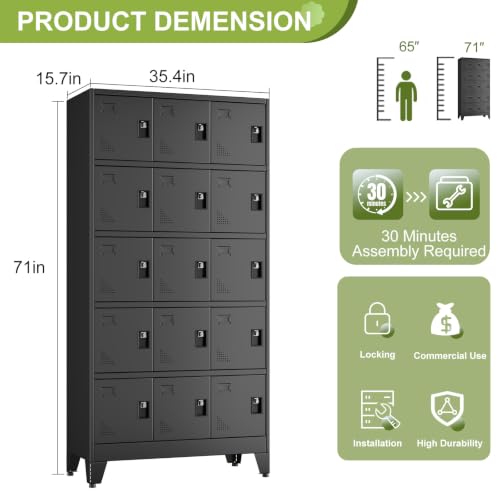 Image of Metal Lockers for Employees, 15 Doors Black Steel Storage Locker Cabinet