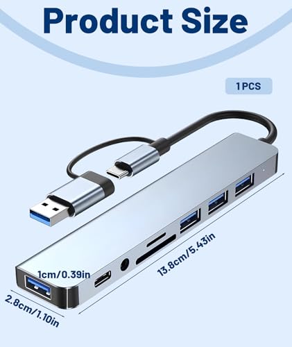 Image of 8-in-1 USB C Hub, USB Hub for Laptop, SD Card Reader, Docking Station for MacBook, PC, Multi USB Port Hub, Type C Hub, USB Extension, Card Reader