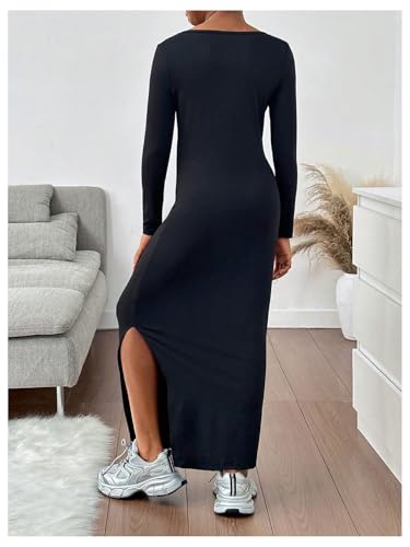 COZYEASE Girl's Bodycon Fitted Side Slit Dresses Long Sleeve Round Neck Maxi Dress2