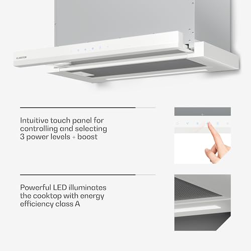 Okap kuchenny Klarstein Velaire 60 cm do zabudowy, rozkładany, 896 m³/h Boost, sterowanie dotykowe, klasa energetyczna A++, oświetlenie LED, cicha praca, okap kuchenny pod szafką, kolor biały