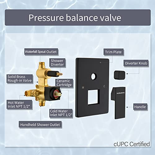 Wall Mount Waterfall Tub Faucet With Handheld Shower Head And 63 Inch Pvc Shower Hose Matte Black Bathtub Faucet Solid Brass Tub Filler Single Handle High Flow Pressure Balanced Valve- Huifeidezhu #TOP3