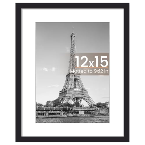 upsimples 12 x 15 Frame, Display Pictures 9x12 with Mat or 12x15 Without, Wall Hanging Photo Frame, Black, 1 Pack