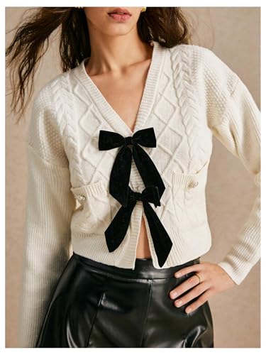 Image of BEAUDRM Women's Bowknot Cropped Cardigan Sweater Long Sleeve Button Up Knit Tops Outerwear Beige Medium
