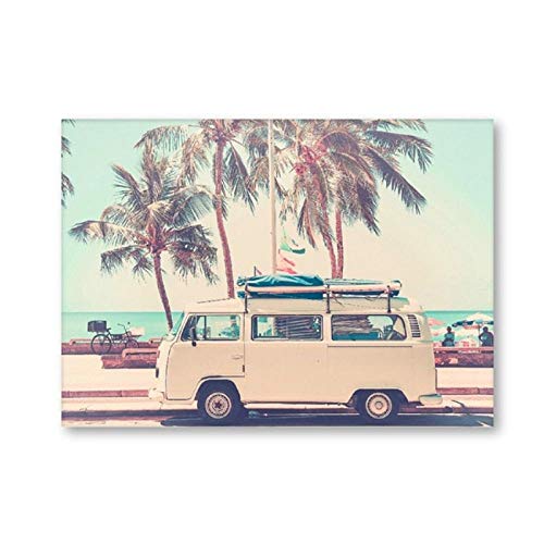 Mulmf Wohnmobil Bus Fotodruck Boho Reise Poster Dekor Vintage Strand Wohnmobil Van Palme Seestück Foto Wandkunst Leinwand Gemälde- 50X70Cm Ungerahmt Cover