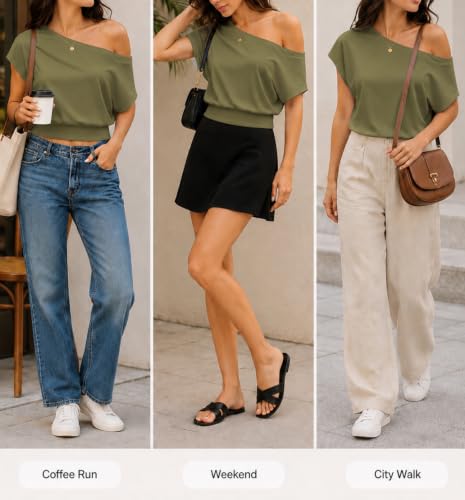 Image of SOFIA'S CHOICE Women's Off The Shoulder T Shirt Crop Top Casual Summer Dolman Sleeve Asymmetrical Cinched Waist Tops