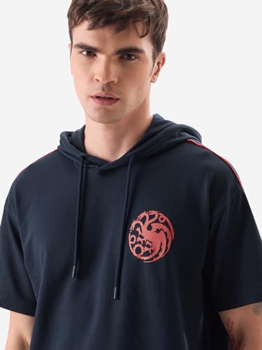Image of The Souled Store Official House of The Dragon: Caraxes Men and Boys Navy and Red Graphic Print Short Sleeve Hooded Neck 100% Cotton Oversized Fit T-Shirts Hoodies Sweatshirts Pullovers Fleece