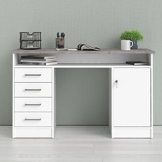 Image of Lakdi The Furniture Home and Office Modern Home Office Computer Desk - Writing Workstation with 4 Storage Drawers, Locking Security Cabinet, and Open Cubby Shelf - White & Grey Finish - 121534271