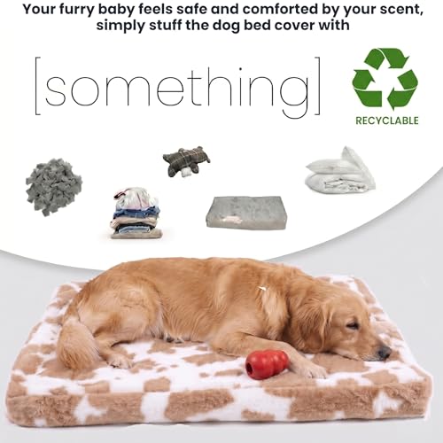 Image of Faux Fur Dog Bed Cover, Cow Print Brown-White, 44 inch L x 32 inch W x 4.5 inch Th | Ultra Soft Rose Velvet, Removable & Washable, Cozy & Durable, Cover Only (No Filling)