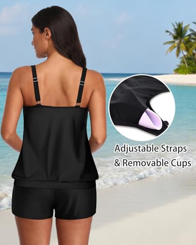 Image of Aqua Eve Two Piece Women's Tankini Swimsuits Blouson Swim Tank Top with Shorts Modest Bathing Suits