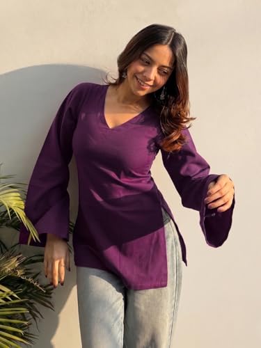 Image of ANNI Designer Short Kurti for Women Solid Design | V Neck Full Sleeve Kurti Tops for Women | Stylish Kurtis & Short Kurtis for Woman | Casual Kurti with Jeans | Kurtas for Woman